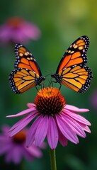 Fototapeta premium Two monarch butterflies nectaring on vibrant purple coneflowers , garden, wildflowers