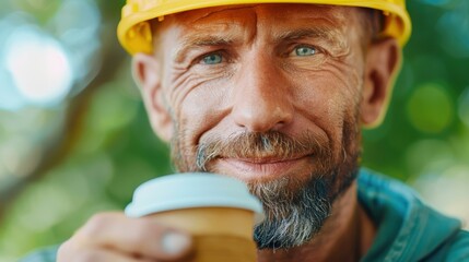 A seasoned construction worker enjoys a warm cup of coffee, taking a welldeserved break amidst the bustling site.