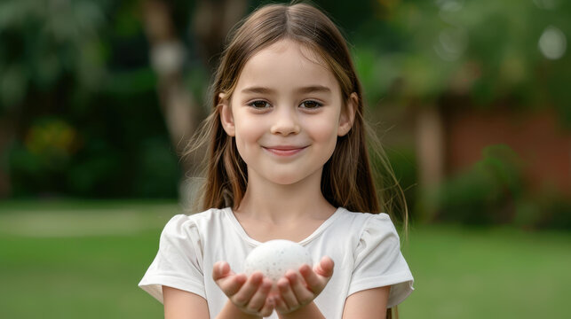A joyful child beams while cradling a colorful Easter egg in the garden, celebrating the fun of the festive hunt.