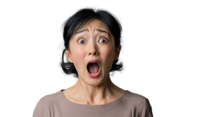 Shocked mature asian woman opening mouth on transparent background