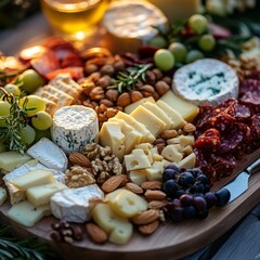Artisanal Cheese and Charcuterie Board: A Gourmet Medley of Flavors with Brie, Gouda, Salami, Grapes, and Nuts, Enhanced by Golden Sunlight