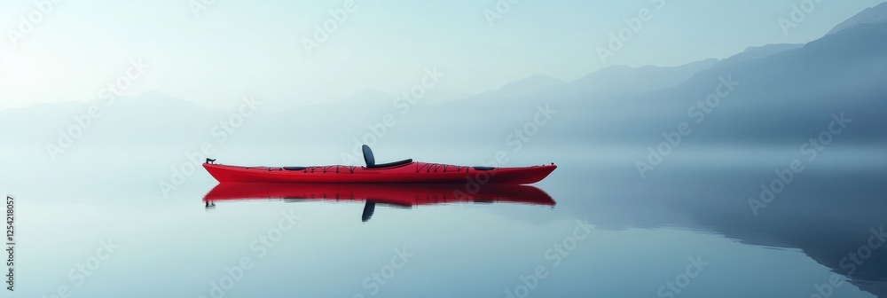 Poster lone red kayak gliding silently on a tranquil mountain lake during early morning light. generative a
