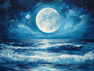 Fototapeta premium Glistening moonlight reflecting on deep blue ocean waves during a serene night sky
