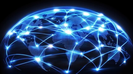 Wireframe globe with pulsating blue network lines connecting different countries, illustrating international digital connectivity, internet infrastructure, and cybersecurity concept, futuristic design