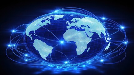 Wireframe globe with pulsating blue network lines connecting different countries, illustrating international digital connectivity, internet infrastructure, and cybersecurity concept, futuristic design