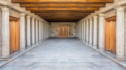 Ancient colonnaded hall, classical style architecture, symmetrical design