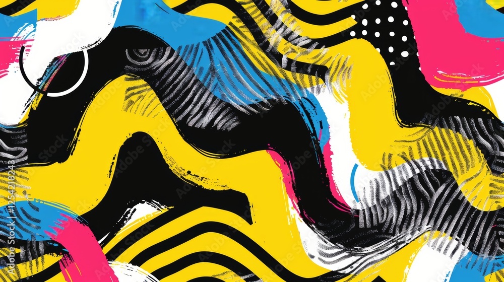 Poster a vibrant and lively abstract design featuring bold shapes and intricate patterns set against a clea