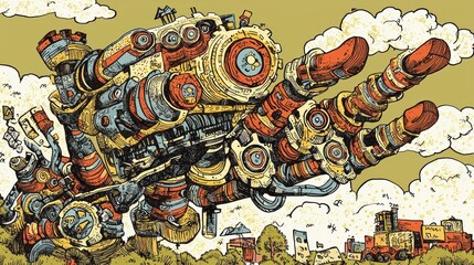 Flying Mechanical Hand in Cityscape