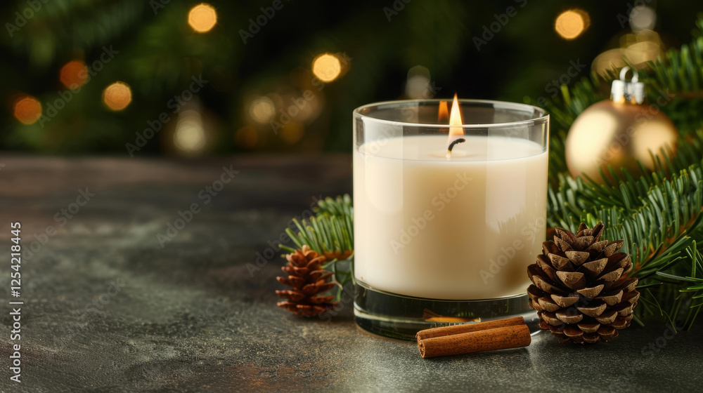 Wall mural A white candle in a glass holder adds warmth to a festive scene with a beautifully adorned Christmas tree.