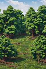 Lush Green Forest Meadow Trees, Grass, Logs, Sky, Summer