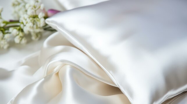 Luxurious white pillows wrapped in soft satin cases, resting on  sheets, create an elegant bedding display.