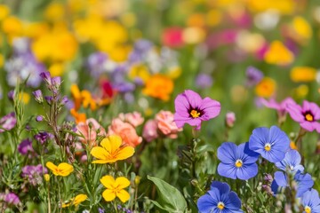 Obraz premium A Vibrant Tapestry of Colorful Flowers in Full Bloom, a Summer Meadow Bathed in Sunlight with Pansies, Linaria, and California Poppies Flourishing Amidst Lush Greenery