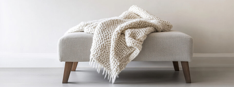 A cozy, textured cream throw blanket drapes elegantly over a modern, gray ottoman in a minimalist living space, creating a warm and inviting atmosphere.