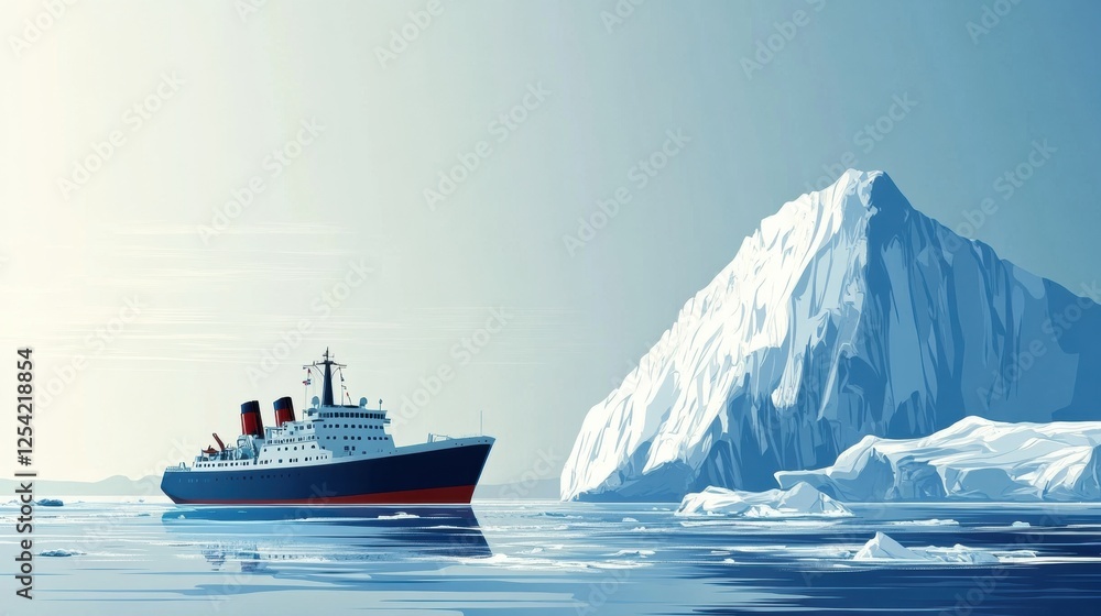 Aufkleber iceberg viewed by a ship cruising through calm arctic waters on a clear day with soft sunlight illum