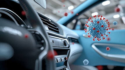 image depicts car interior with focus on airborne viruses, highlighting concerns about air quality and hygiene in vehicles