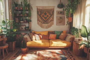 Bohemian Retreat: A Cozy Living Room Bathed in Natural Light, Featuring Lush Greenery, Textured Textiles, and a Comfortable Yellow Sofa for Relaxation.