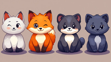 Obraz premium Set of cute animal stickers: smiling fox, sleepy panda, playful cat, pastel colors, outlined for easy cutting