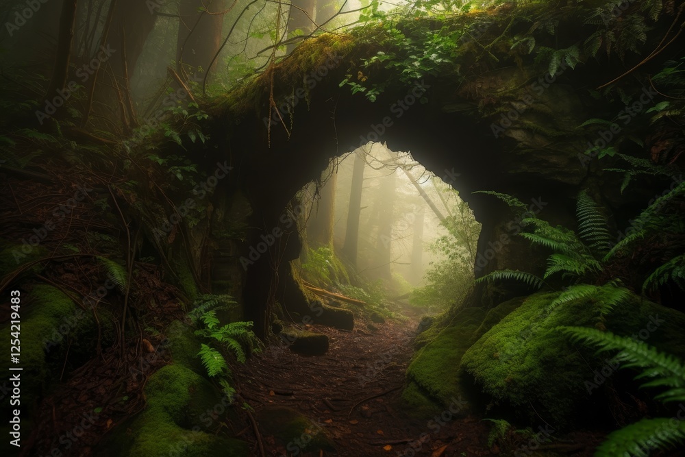 Poster mysterious archway in lush green forest with fog engulfing the tranquil path leading deeper into nat