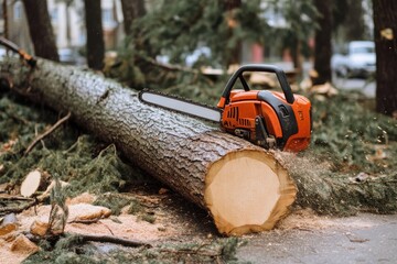 Fallen tree that was cut down with a chainsaw