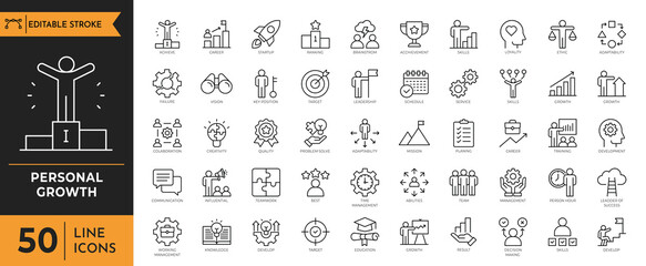 Personal Growth icon set. Containing Growth profit, career progress, business people, strategy, coaching, and more. Editable Stroke. Vector illustration