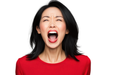 Angry asian woman shouting with transparent background