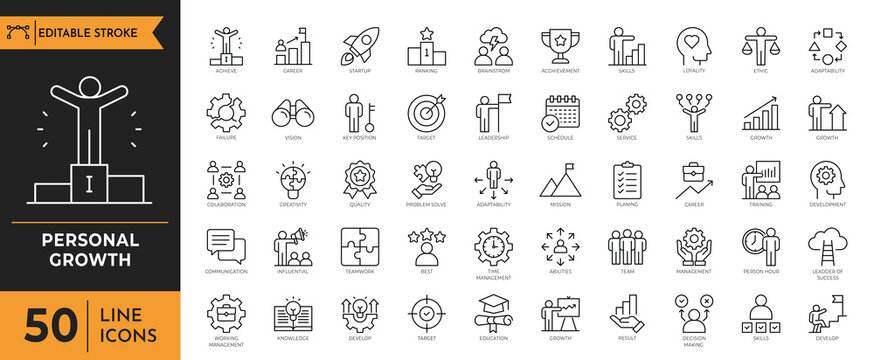 Personal Growth icon set. Containing Growth profit, career progress, business people, strategy, coaching, and more. Editable Stroke. Vector illustration