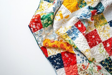 Beautiful Patchwork Quilt in Bright Colors Displayed on a White Isolated Background, Perfect for Home Decor Inspiration and Textile Art Projects