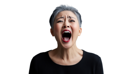 Angry senior woman shouting with transparent background