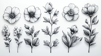 Hand-drawn floral elements, simple doodle style, black ink on white background, perfect for planner stickers