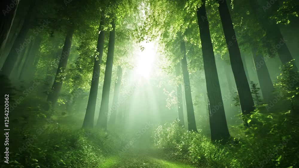 Poster sunlight filters through dense trees in a serene green forest during midday