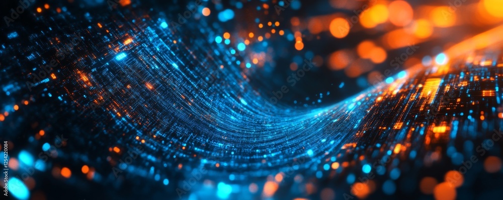 Poster blue & orange digital wave; bokeh background; tech concept