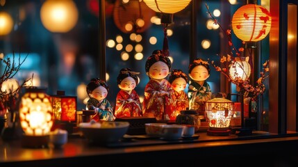 Hinamatsuri dolls illuminated by warm lamp light, displayed on an open terrace under a starry sky. The background features softly lit sakura trees and a glowing moon, creating a magical ambiance