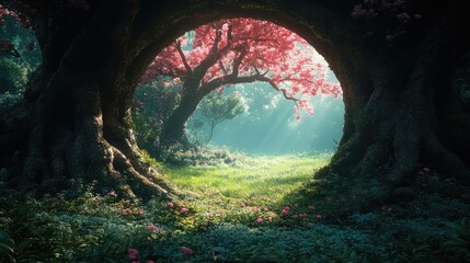 Obraz premium A serene forest scene with vibrant pink trees and soft sunlight filtering through.