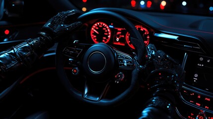 Night driving, city lights, car interior, gloved hands