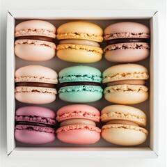 Fototapeta premium A white box filled with colorful French macarons neatly arranged in rows, the macarons have a smooth and delicate texture with a variety of flavors, making them a perfect dessert treat.