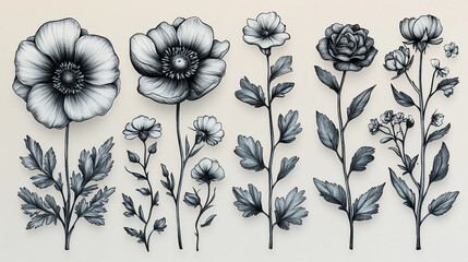 Hand-drawn floral elements, simple doodle style, black ink on white background, perfect for planner stickers