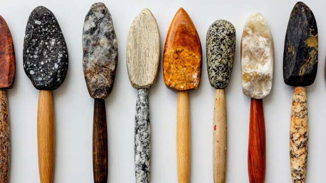 Handmade stone spatulas displayed in a row showcasing unique colors and textures