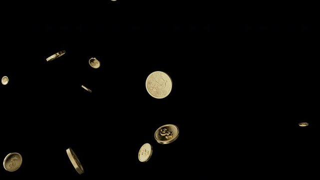 Falling coins or money golden rain motion background with alpha channel. Transparency is embedded in video.
