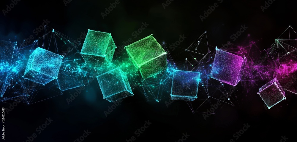 Aufkleber glowing cubes flowing in dark space; digital network