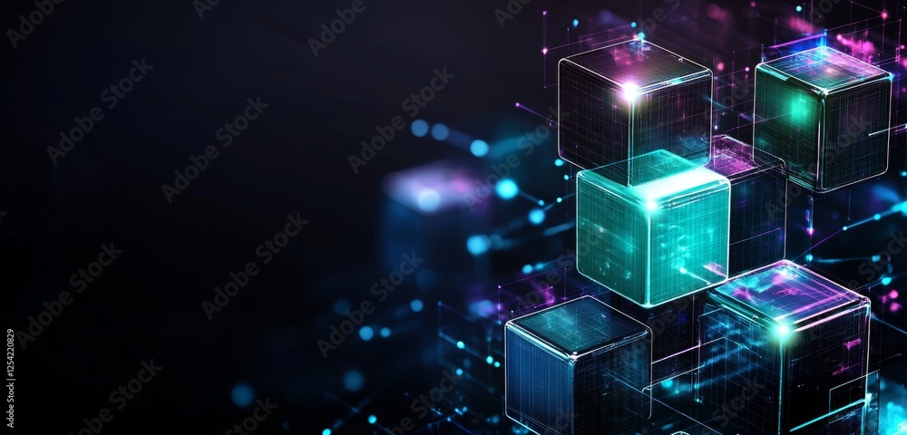 Poster Glowing Cubes Network Data Flow Abstract Background