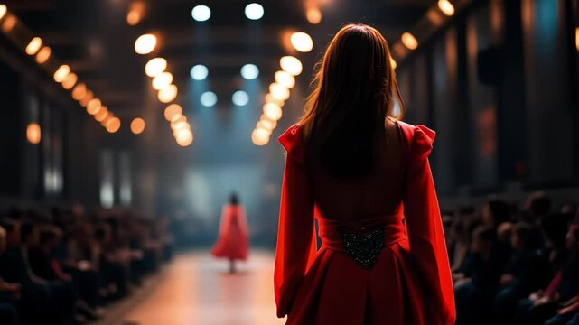 A model in a flowing red gown walks the runway at a fashion show, bathed in the warm glow of stage lights