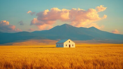 Rural farmhouse at golden sunset, mountains