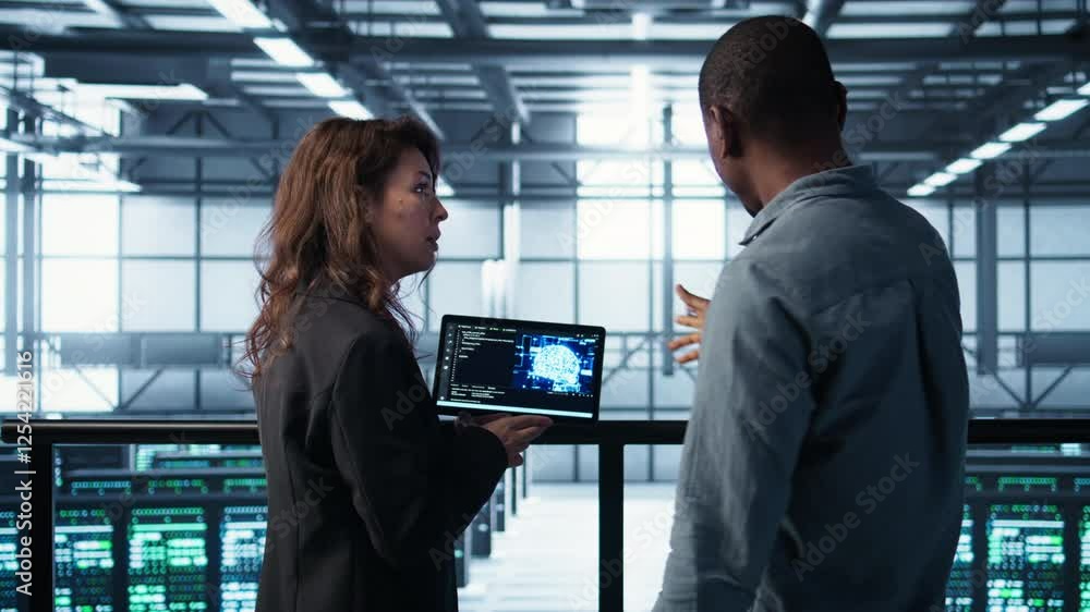 Poster software developers in data center use ai technology on tablet to optimize storage volumes. it speci