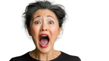 Shocked mature asian woman screaming with transparent background