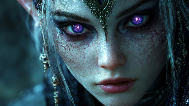 Portrait of an alien queen with glowing eyes, intricate jewelry, dark sci-fi background, high-detail fantasy art