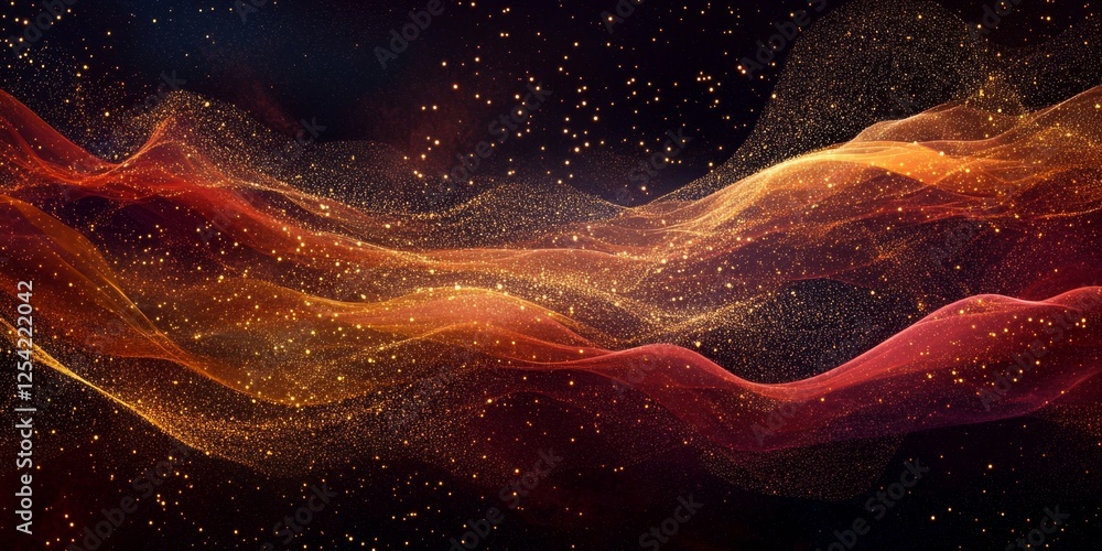 Poster Abstract Red Gold Particle Waves Flowing Dark Background