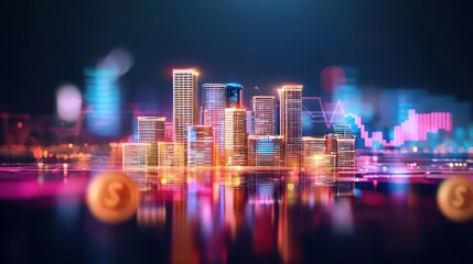 Obraz premium Vibrant Neon Cityscape With Financial Data