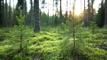 Obraz premium Young trees in a sunlit forest floor