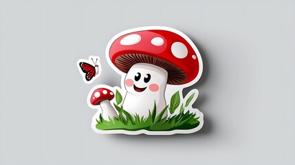 Smiling Cartoon Mushroom with Butterfly in Green Grass