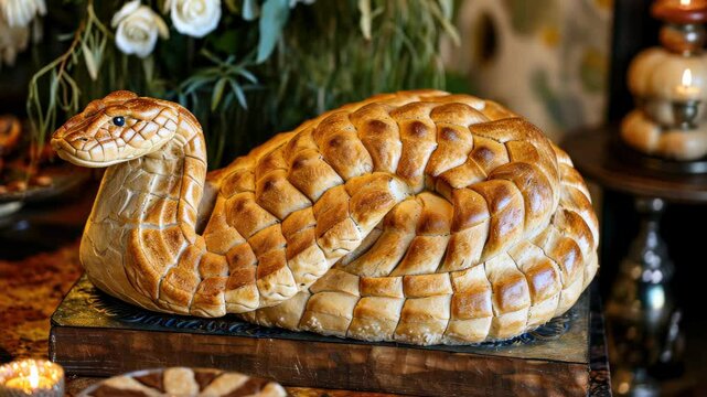 Unique bread loaf resembling an cobra resting on a wooden table, Ai Generated